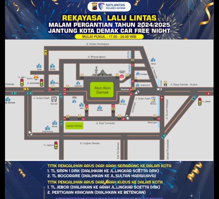 Skenario pengalihan arus lalu lintas di sekitar jantung kota Denak pada malam Tahun Baru 2025, Selasa (31/12).

