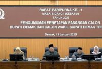 Rapat Paripurna DPRD Demak, umumkan penetapan pasangan Calon Bupati Demak dan Calon Wakil Bupati Demak terpilih, di Ruang Rapat DPRD,
Senin (13/1/2025).