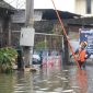 Petugas PLN sedang melakukan pengamanan kelistrikan di lokasi banjir Kota Semarang.
