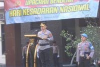 Kapolres Demak, AKBP Arrizal Samelimo Gandasaputra, menjadi pemimpin pacara Hari Kesadaran Nasional (HKN) di Lapangan Wicaksana Laghawa, Senin (19/1/2025).