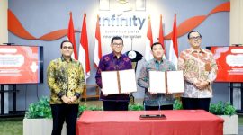 Sekretaris Bappebti, Ivan Fithriyanto dan Kepala Departemen Pengaturan dan Perizinan Inovasi Teknologi Sektor Keuangan, Aset Keuangan Digital, dan Aset Kripto OJK, Djoko Kurnijanto (tengah) usai melakukan penandatanganan.