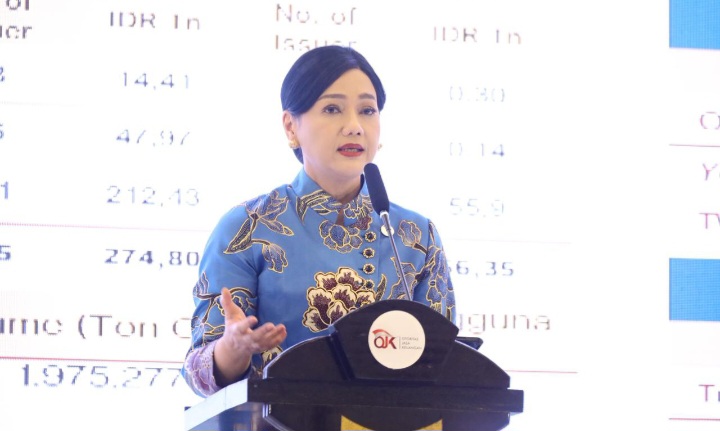 Ketua Dewan Komisioner OJK,  Friderica Widyasari Dewi, memberikan  sambutan pada Konferensi Nasional Pengembangan Ekonomi Daerah (KNPED) 2026 yang berlangsung di Balai Kartini Jakarta, Senin (25/5/2026).
