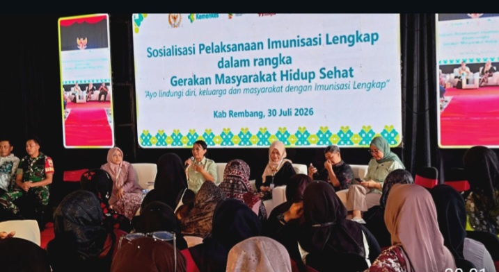 Sosialisasi Pelaksanaan Imunisasi Lengkap dalam rangka gerakan masyarakat hidup sehat, oleh Kemenkes di Gedung KUD Mina, Kecamatan Kragan, Kabupaten Rembang, Kamis (30/7/2026). 
