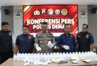 Konferensi pers Kasus Penyalahgunaan Narkotika di Aula Wicaksana Laghawa Polres Demak, Jum'at (18/9/2026).