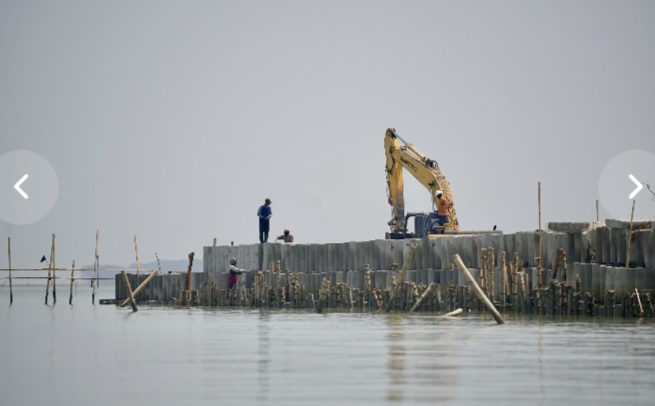 Pembangunan hybrid sea wall atau tanggul pantai berbasis solusi alam (nature-based solution) di Desa Surodadi, Kecamatan Sayung, Kabupaten Demak.
